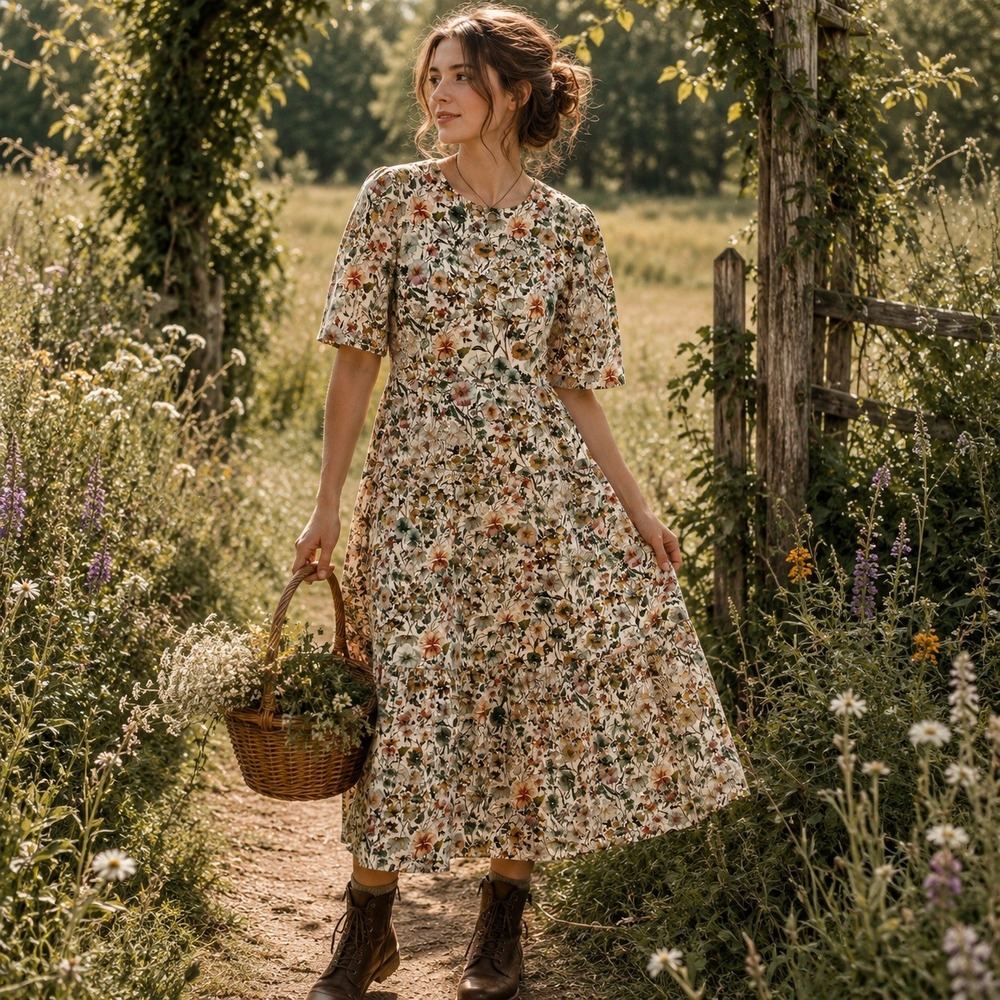 Onirik Floral Midi Dress Womens XL Cottage Botanical‎ Prairie Boho Romantic